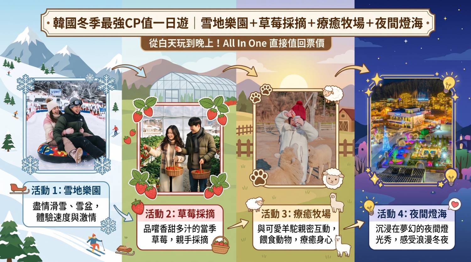 (團號:SA-01) <一人成團> 韓國冬季最強CP值一日遊｜雪地樂園＋草莓採摘＋療癒牧場＋夜間燈海