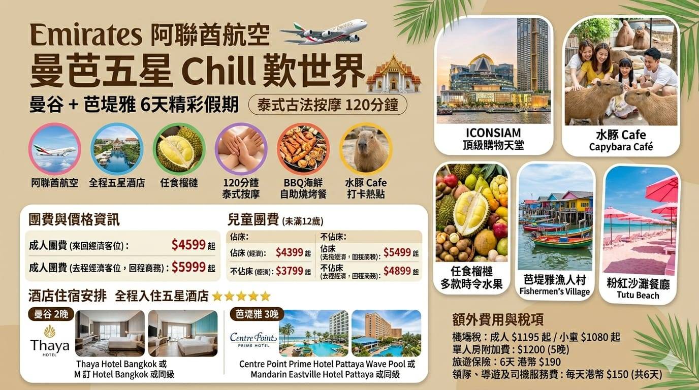 (團號 : SWEK-06) 泰非凡之旅2026 < 5星 Chill歎曼谷 + 芭堤雅> 純玩6天之旅 Starway Fans 專享